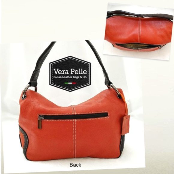VERA PELLE Orange Leather Shoulder Satchel Bag Brown Trim Flaps w/ Tassels Zips - Picture 4 of 10